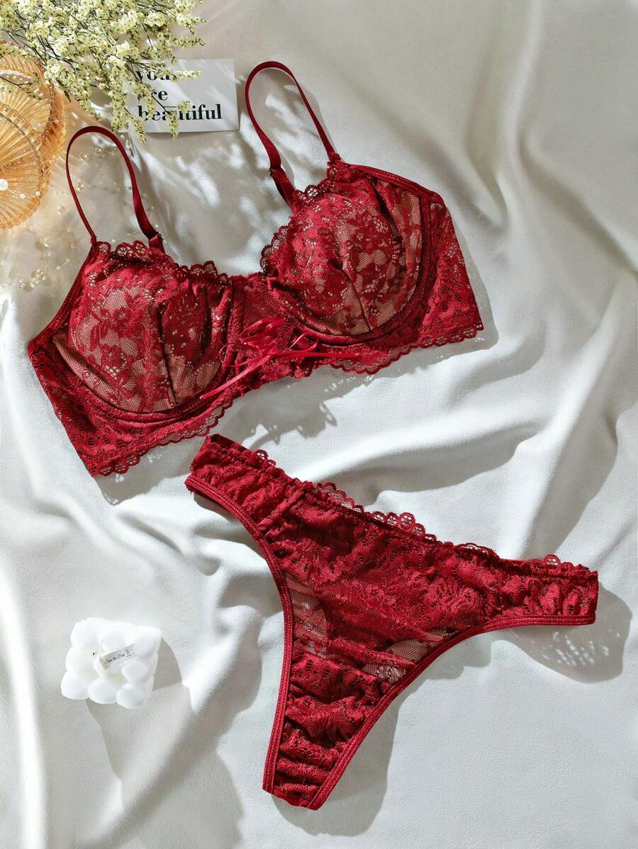 Conjunto de lencería sexy de sujetador con aros de encaje floral y tanga - Burdeos - Ver 1