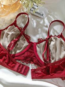 Conjunto de lencería sexy de sujetador con aros de encaje floral y tanga - Burdeos - Ver 2