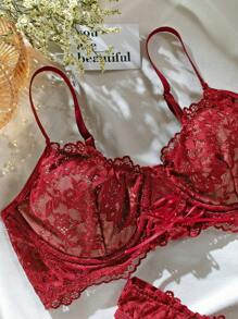 Conjunto de lencería sexy de sujetador con aros de encaje floral y tanga - Burdeos - Ver 3