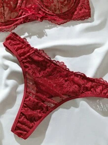 Conjunto de lencería sexy de sujetador con aros de encaje floral y tanga - Burdeos - Ver 6