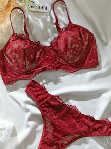 Conjunto de lencería sexy de sujetador con aros de encaje floral y tanga - Burdeos - Ver 7