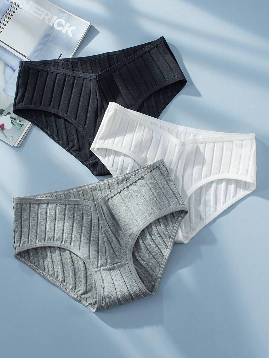 3pcs Solid Ribbed Knit Brief - Multicolor - View 1
