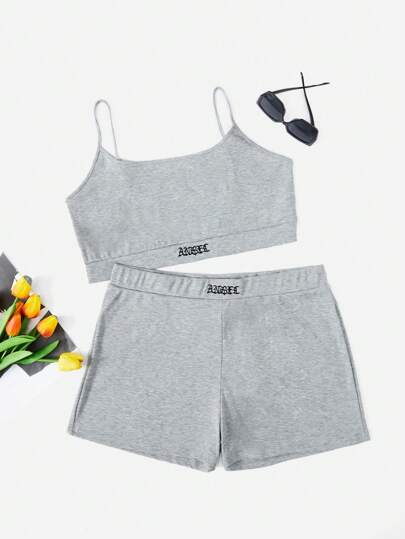 Plus Letter Embroidery Crop Cami Top & Shorts