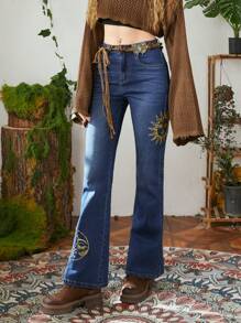 ROMWE Hippie Sun & Moon Embroidery Flare Leg Jeans Without Belt