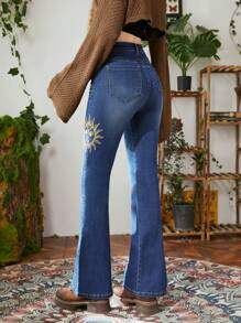 ROMWE Hippie Sun & Moon Embroidery Flare Leg Jeans Without Belt