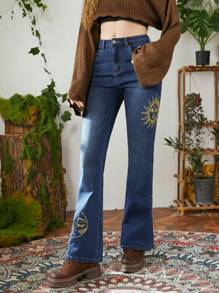 ROMWE Hippie Sun & Moon Embroidery Flare Leg Jeans Without Belt