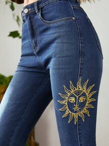 ROMWE Hippie Sun & Moon Embroidery Flare Leg Jeans Without Belt