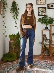 ROMWE Hippie Sun & Moon Embroidery Flare Leg Jeans Without Belt