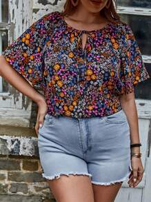 SHEIN LUNE Plus Ditsy Floral Print Tie Neck Butterfly Sleeve Blouse - Multicolor - View 4