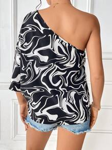 SHEIN Privé Áo sơ mi nữ Bất đối xứng Đá hoa Giải trí - Đen và trắng - Xem 2