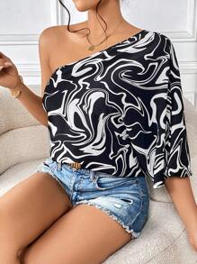 SHEIN Privé Áo sơ mi nữ Bất đối xứng Đá hoa Giải trí - Đen và trắng - Xem 4