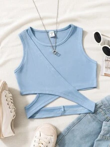 SHEIN Tween Girl Solid Criss Cross Cut Out Tank Top - Blue - View 1