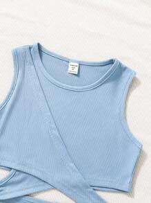 SHEIN Tween Girl Solid Criss Cross Cut Out Tank Top - Blue - View 4