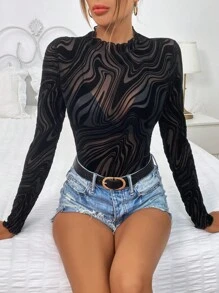 SHEIN Privé Marble Print Mock Neck Mesh Top Without Bra - Black - View 1