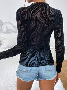 SHEIN Privé Marble Print Mock Neck Mesh Top Without Bra - Black - View 2