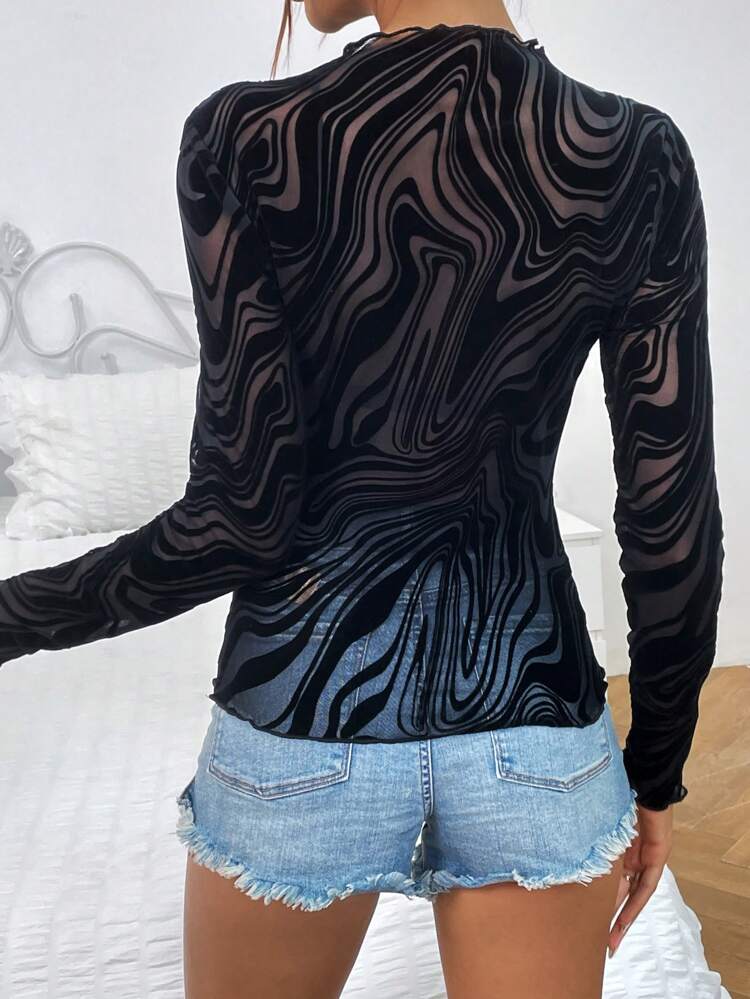 Marble Print Mock Neck Mesh Top Without Bra