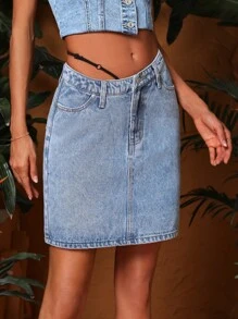 SHEIN Essnce Asymmetrical Waist Denim Skirt - Light Wash - View 1