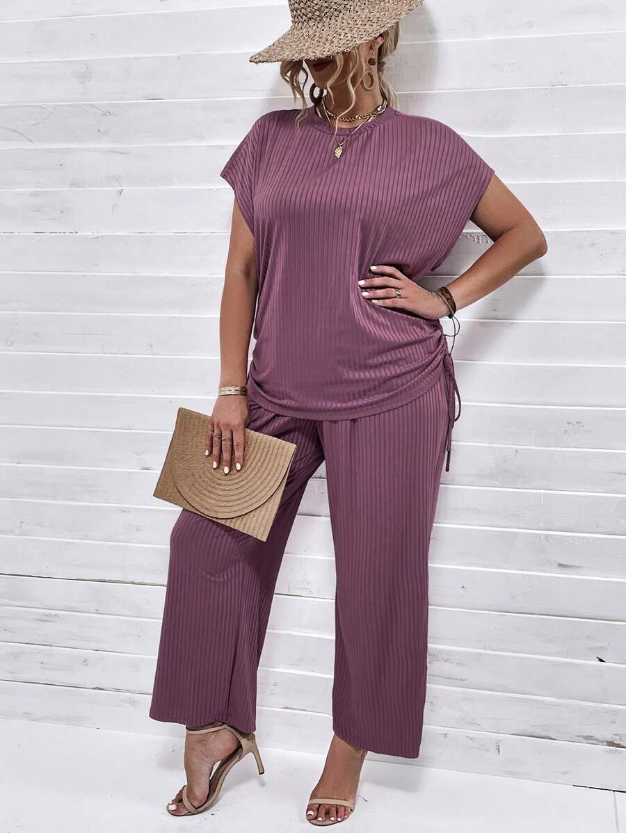 SHEIN LUNE Plus Drawstring Side Batwing Sleeve Tee & Trousers - Violet Purple - View 1