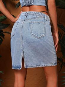 SHEIN Essnce Asymmetrical Waist Denim Skirt - Light Wash - View 2