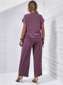 SHEIN LUNE Plus Drawstring Side Batwing Sleeve Tee & Trousers - Violet Purple - View 2