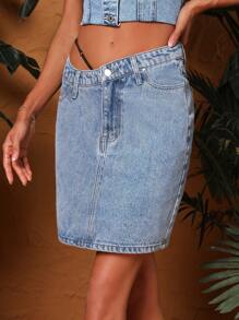 SHEIN Essnce Asymmetrical Waist Denim Skirt - Light Wash - View 3