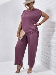 SHEIN LUNE Plus Drawstring Side Batwing Sleeve Tee & Trousers - Violet Purple - View 4