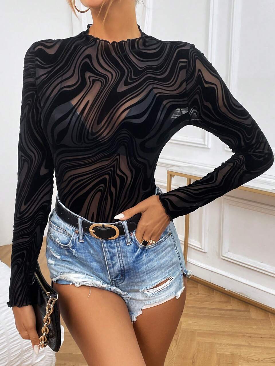 Marble Print Mock Neck Mesh Top Without Bra