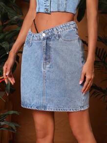 SHEIN Essnce Asymmetrical Waist Denim Skirt - Light Wash - View 4