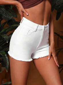 SHEIN Essnce Raw Hem Denim Shorts - White - View 1