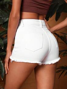 SHEIN Essnce Raw Hem Denim Shorts - White - View 2