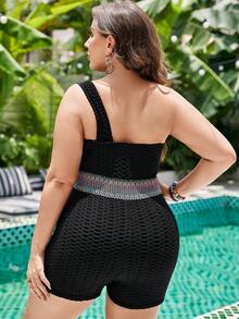 SHEIN Swim Curve 大碼織帶拼接環鏈單肩連體泳衣 - 黑色 - 查看 2