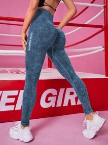 Easithlete 無縫字母圖形超寬鬆舒適腰帶運動打底褲 - 藏蓝色 - 查看 1