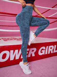 Easithlete 無縫字母圖形超寬鬆舒適腰帶運動打底褲 - 藏蓝色 - 查看 2