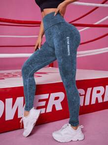 Easithlete 無縫字母圖形超寬鬆舒適腰帶運動打底褲 - 藏蓝色 - 查看 3