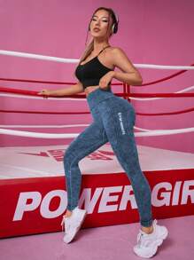 Easithlete 無縫字母圖形超寬鬆舒適腰帶運動打底褲 - 藏蓝色 - 查看 4