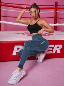 Easithlete 無縫字母圖形超寬鬆舒適腰帶運動打底褲 - 藏蓝色 - 查看 6