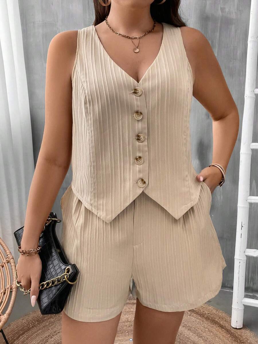 SHEIN LUNE Bộ thời trang Plus Size Túi Nút phía trước màu trơn Giải trí - Màu be - Xem 1