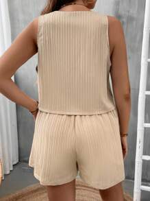 SHEIN LUNE Bộ thời trang Plus Size Túi Nút phía trước màu trơn Giải trí - Màu be - Xem 2
