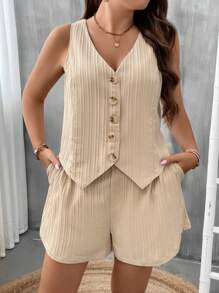 SHEIN LUNE Bộ thời trang Plus Size Túi Nút phía trước màu trơn Giải trí - Màu be - Xem 3