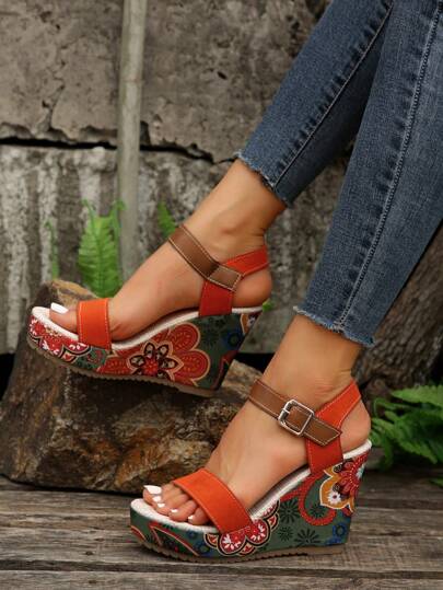 Fashion Sandals For Women, Floral Embroidered Ankle Strap Wedge Sandals