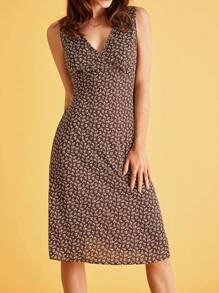 SHEIN Frenchy Đầm Buộc lại Dây kéo Họa tiết hoa Giải trí - Màu nâu Sô-cô-la - Xem 1