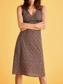 SHEIN Frenchy Đầm Buộc lại Dây kéo Họa tiết hoa Giải trí - Màu nâu Sô-cô-la - Xem 3