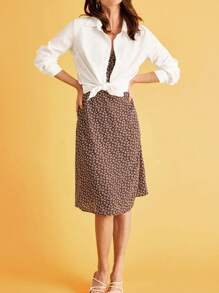 SHEIN Frenchy Đầm Buộc lại Dây kéo Họa tiết hoa Giải trí - Màu nâu Sô-cô-la - Xem 5