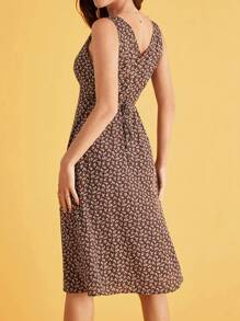 SHEIN Frenchy Đầm Buộc lại Dây kéo Họa tiết hoa Giải trí - Màu nâu Sô-cô-la - Xem 6