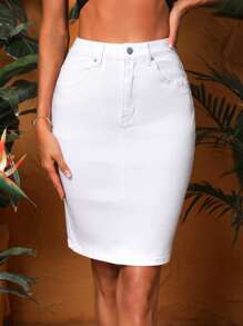 SHEIN Essnce Slant Pocket Denim Skirt - White - View 1
