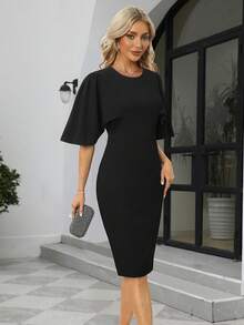 HOMEYEE Chất rắn áo tay bướm Váy bodycon - màu đen - Xem 3