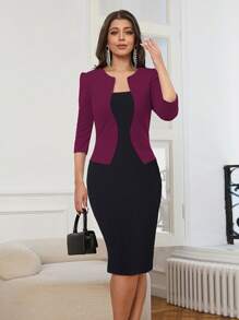 HOMEYEE Two Tone 2 In 1 Bodycon Dress Office Work Wear Women - Burgundy - View 1