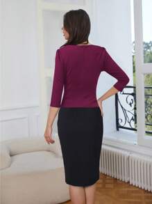 HOMEYEE Two Tone 2 In 1 Bodycon Dress Office Work Wear Women - Burgundy - View 2