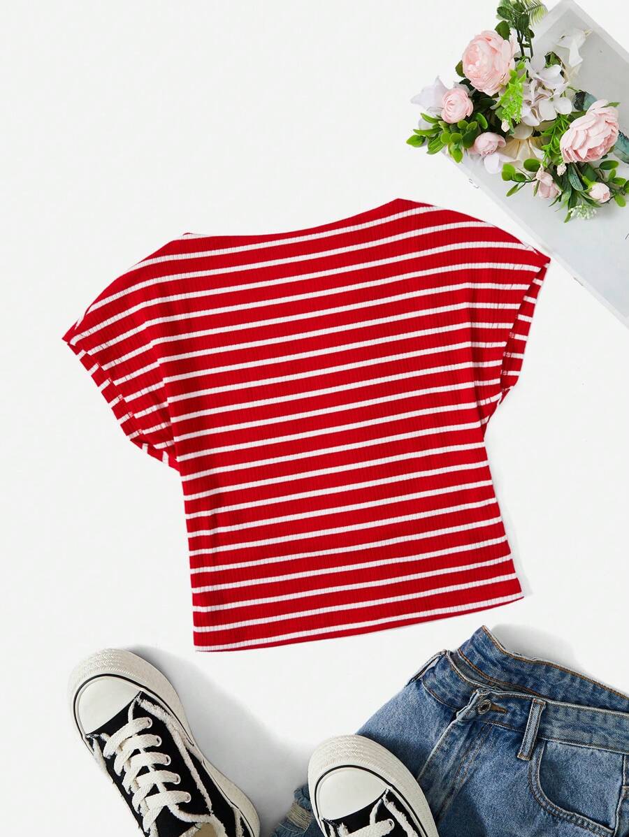 SHEIN EZwear Áo thun nữ Sọc Giải trí - Đỏ - Xem 1