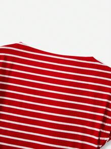 SHEIN EZwear Áo thun nữ Sọc Giải trí - Đỏ - Xem 4